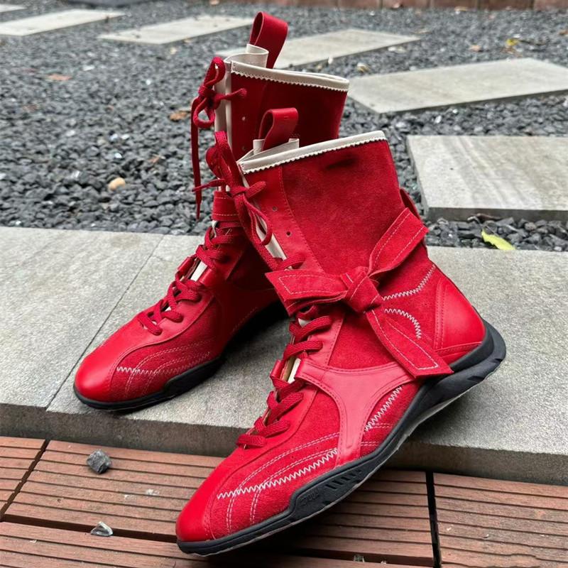 Fashion Vintage Mixed-color Height Increasing Women Boxing Training Boots Fashion Autumn Winter Faux Suede Sneakers Short Boots Shoes