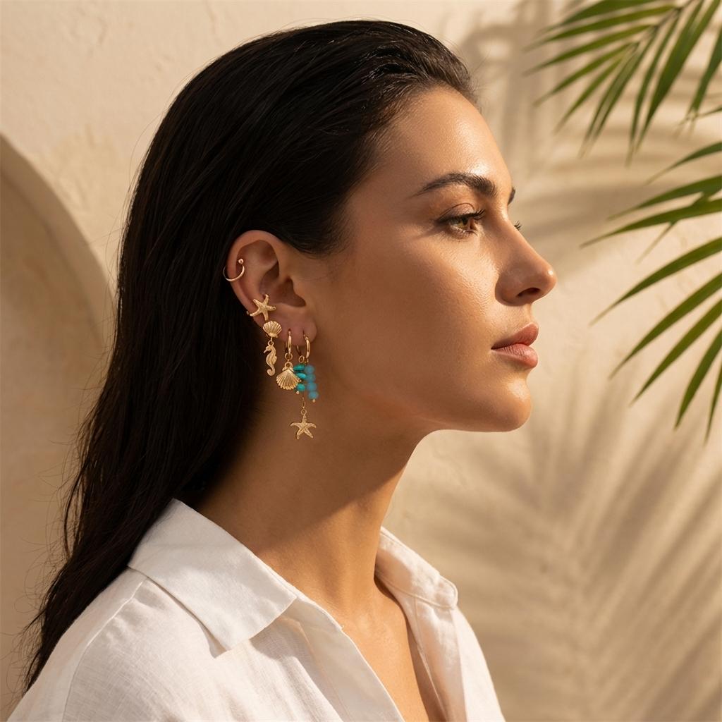 5Pcs/Set Boho Turquoise Ocean Earring Set for Women Starfish Dangle Ear Cuff Curated Ear Stack Summer Beach Jewelry Gift