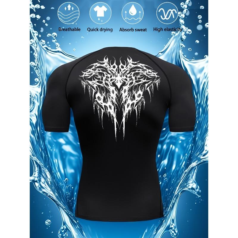 Men's Compression Shirt Quick Dry Gray Gym T-Shirt Black Tribal Wolf Back Print Workout Sportswear