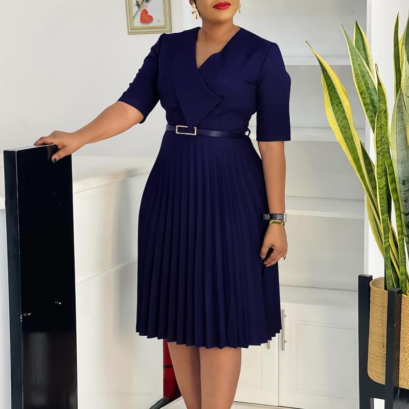 Women's summer new fashion temperament V-neck solid color large size pleated dress