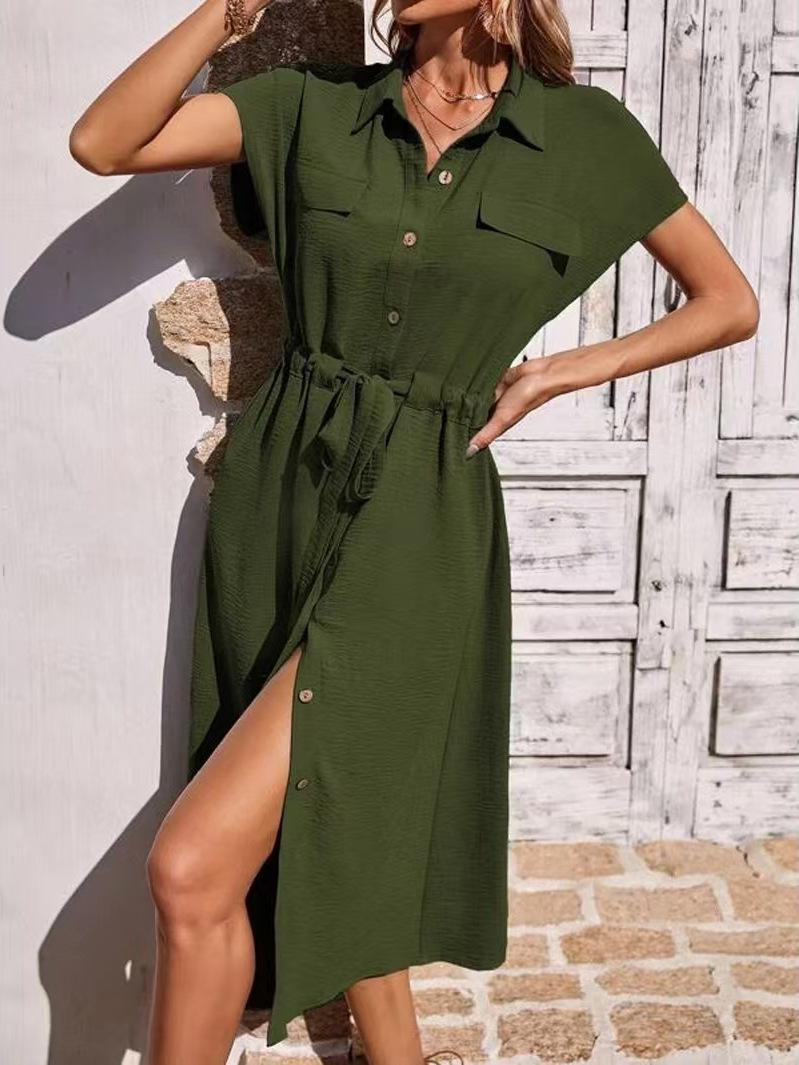 2026 Women s Fashionable Shirt Collar Waist-Cinching Dress with Waistband S оливковое зеленый