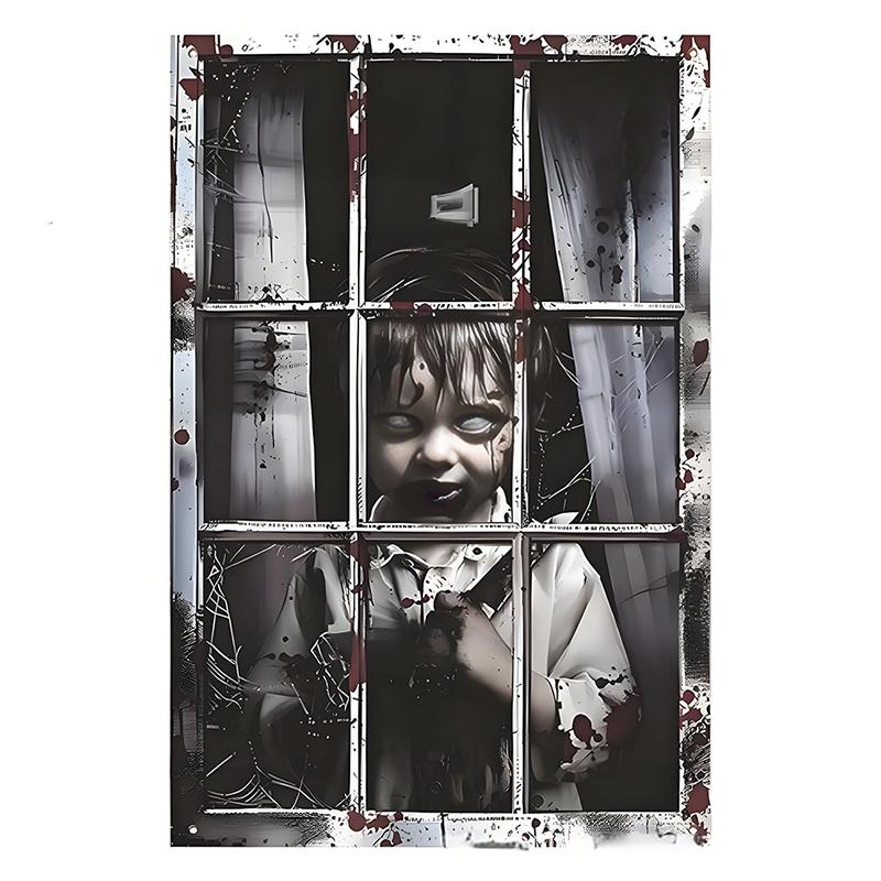 1Pcs Halloween Window Silhouette Decora Halloween Boy Girl Scary Banner Blood Ghost Window Cover Horror Theme Window Poster 2025
