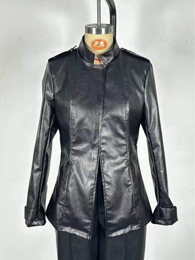 Women's Gothic PU Leather Jacket: Distressed, Trendy, Stand Collar, Long Sleeve.