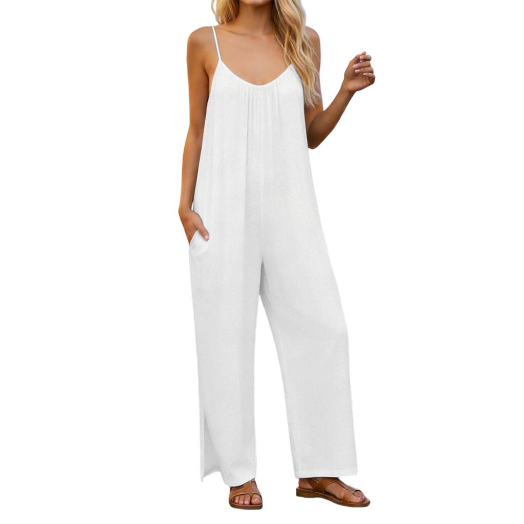 Women's  V-neck Waist Cinched Fashionable Jumpsuit Wide Leg Pants