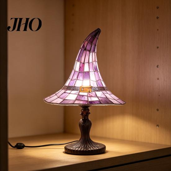 Bedside Atmosphere Lamp Stained Glass Witch Hat Lamp, USB Powered Resin Night Light, Gothic Warm Ambient Lighting Halloween Table for Bedroom