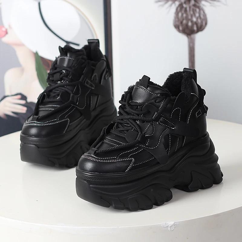 Fashion 12CM Genuine Leather Casual Chunky Sneakers Plush Wedge Platform Wedge Winter Fashion Autumn Spring Women Shoes Vulcanize