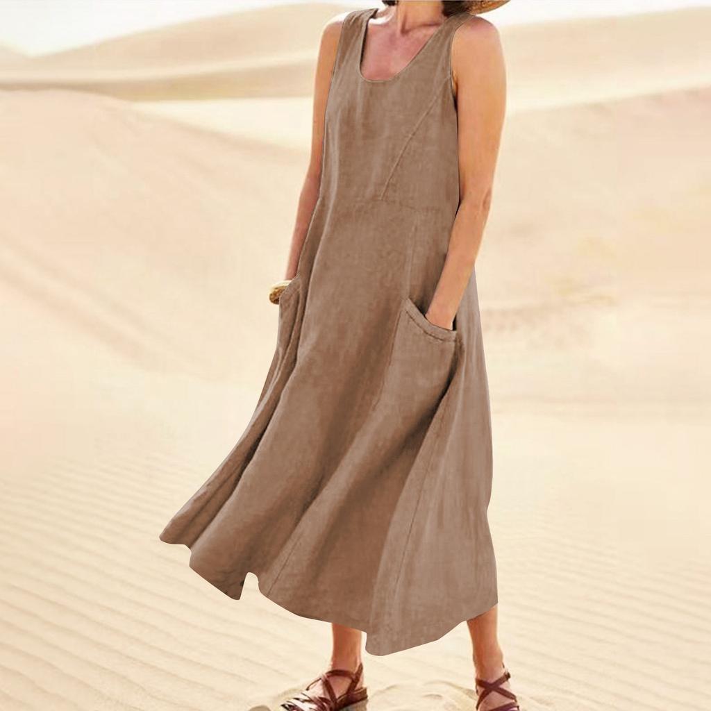 Women's Fashion Casual Colour Sleeveless Cotton Linen Pocket Dress