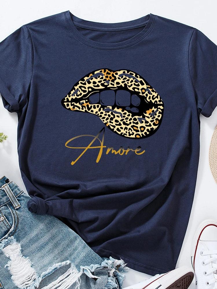 Amore Leopard Lip Print Women T Shirt Short Sleeve O Neck Loose Women Tshirt Ladies Tee Shirt Tops Clothes Camisetas Mujer