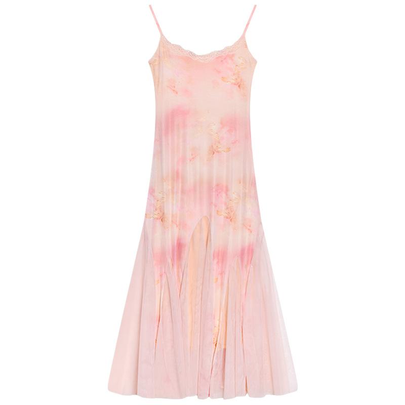 

Summer American niche chic beautiful holiday floral slim suspender dress temperament thin mesh dress women S розовый