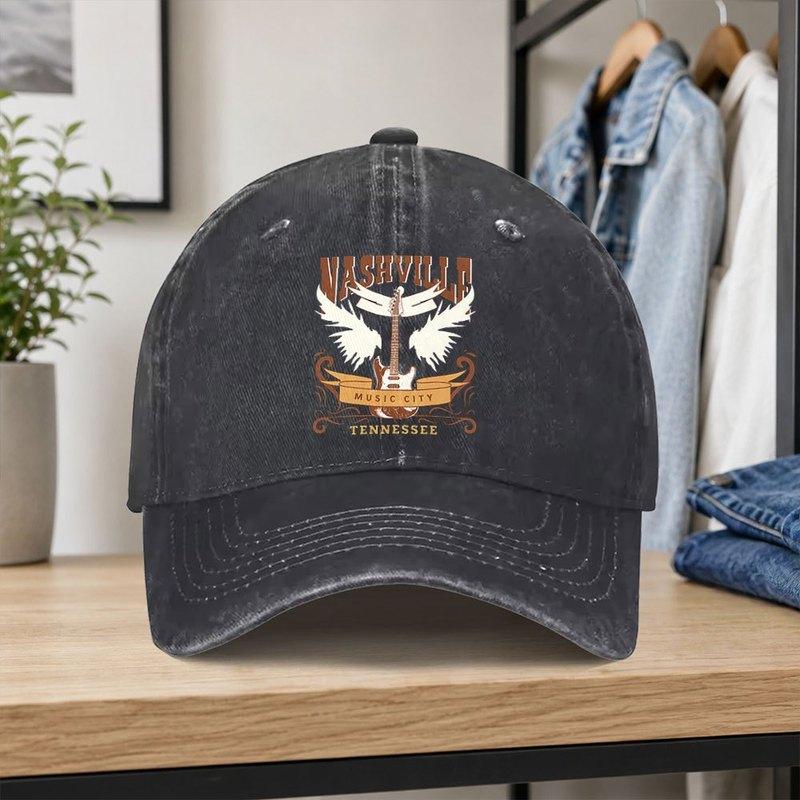 Nashville Music City Retro Guitar Distressed Baseball Cap Unisex Adjustable Duckbill Hat for Outdoor Daily Wear