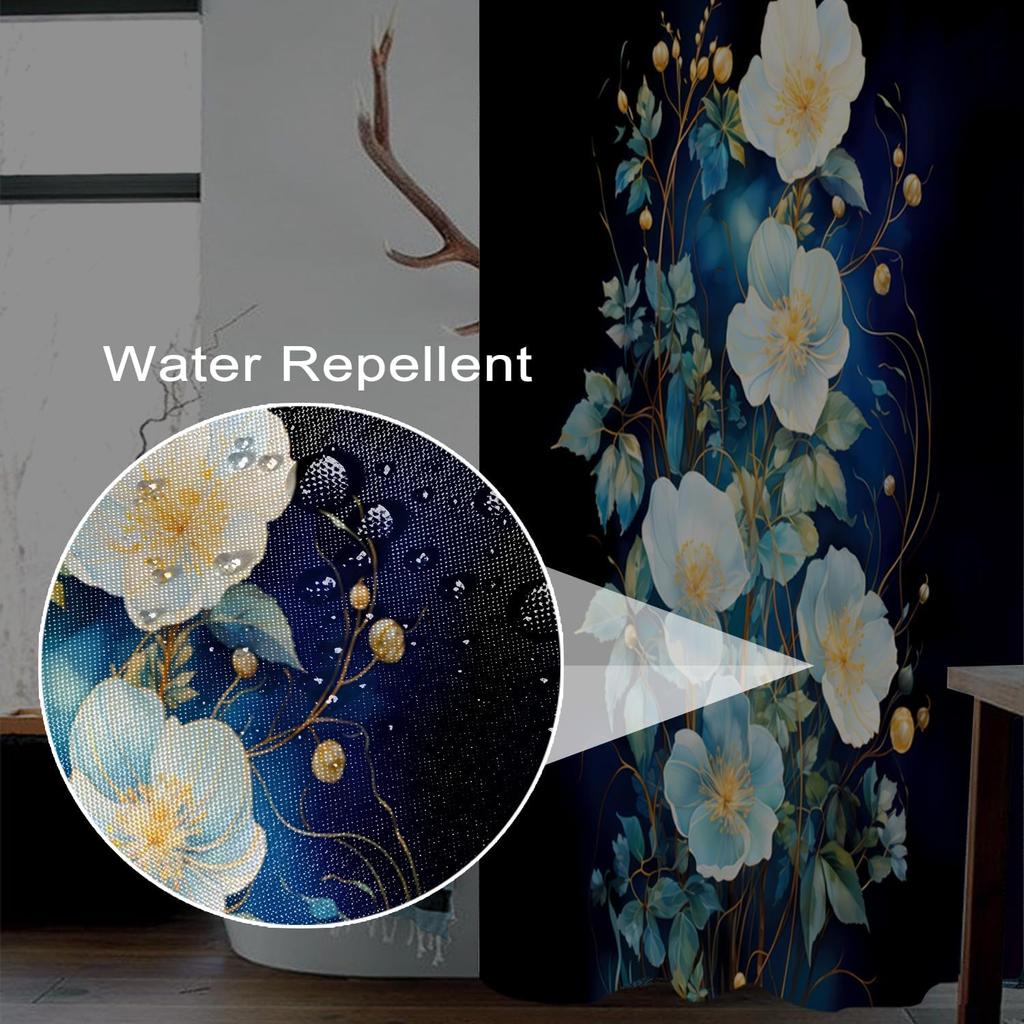 Flowers Shower Curtain for Bathroom White Teal Blue Floral Leaves Shower Curtain Set with Hooks Abstract Black Bathtub Decor Waterproof Fabric