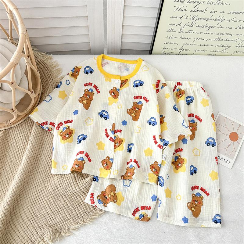 2026 Neues reines Baumwoll-Gaze-Schlafanzug-Set für Kinder für Frühling und Sommer Baumwollgarn Hauskleidung für Jungen und Mädchen