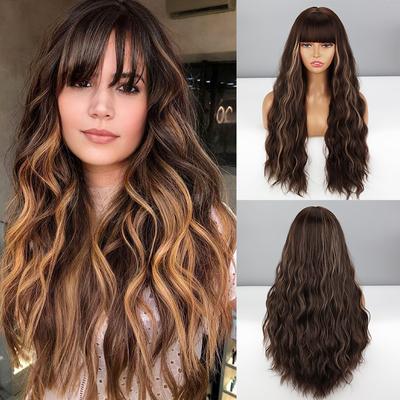 Brown with Blonde Highlights Ombre Color Long Wavy Wig with Bangs Synthetic Fiber Women Daily Wear Cosplay Wavy Wig