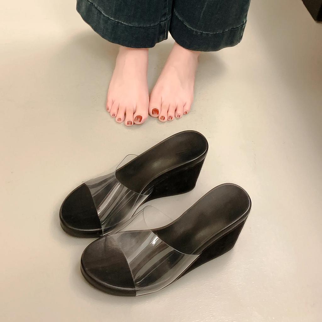 Fashion PVC Transparen Wedges Heel Women's Slipper Summer Open Toe High Heels Banquet Party Slide Shoes