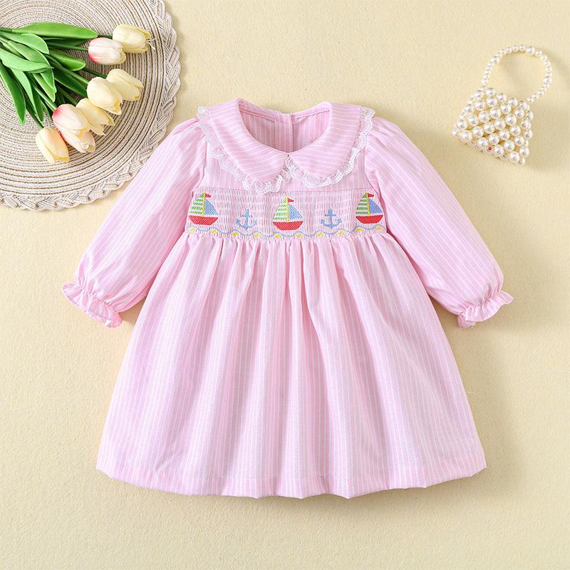 Girls Spring Autumn Blue Striped Smocked Dress Long Sleeve Cute Boat Embroidery Princess Dress 80cm розовый