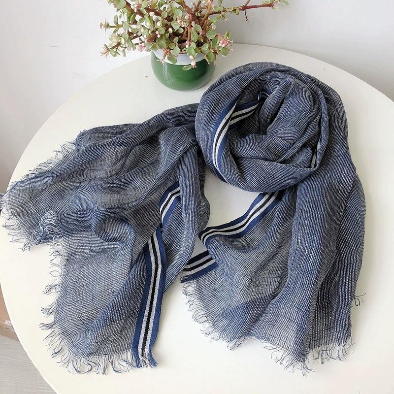 Spring/Summer New Men's Linen Scarf Blue Color Versatile Breathable Shawl Casual Hairy Japanese Striped Scarf for Men