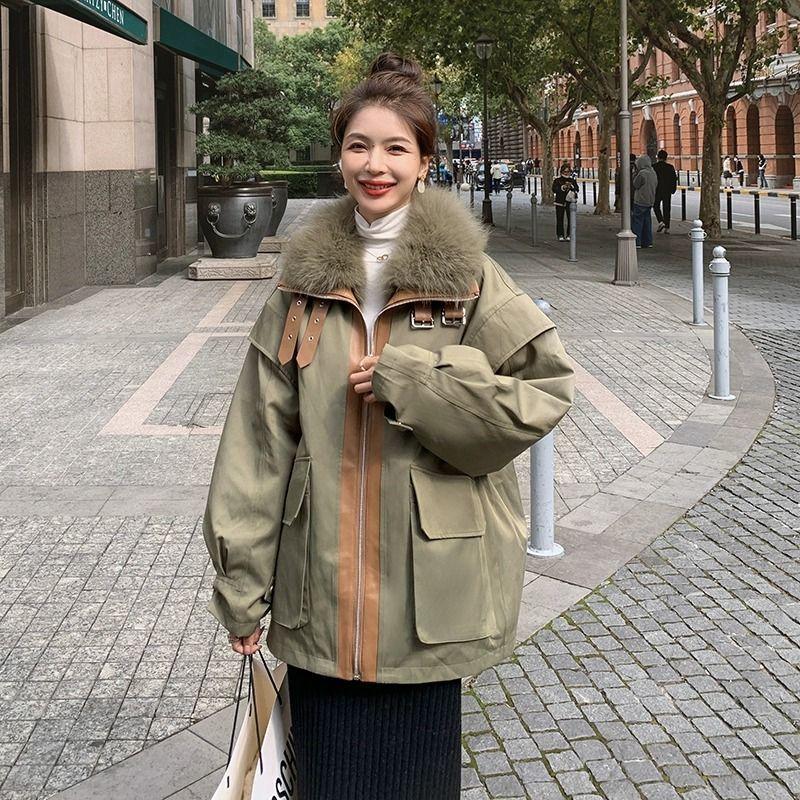High-end fur integrated Parker cotton clothes women's winter new plush thickened large fur collar cotton-padded coat