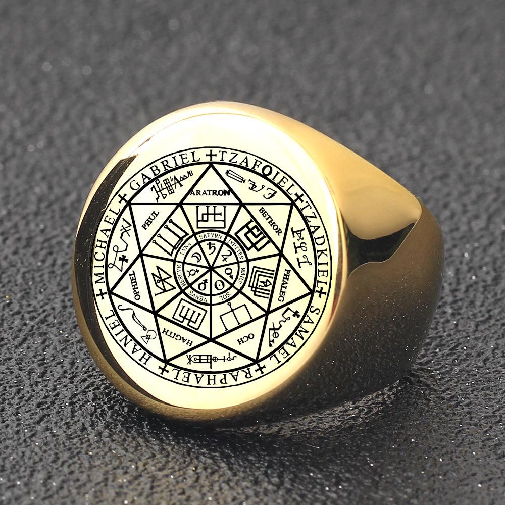 Men's 22MM Polished Titanium Steel Ring with Laser-Etched Seven-Pointed Star Rune