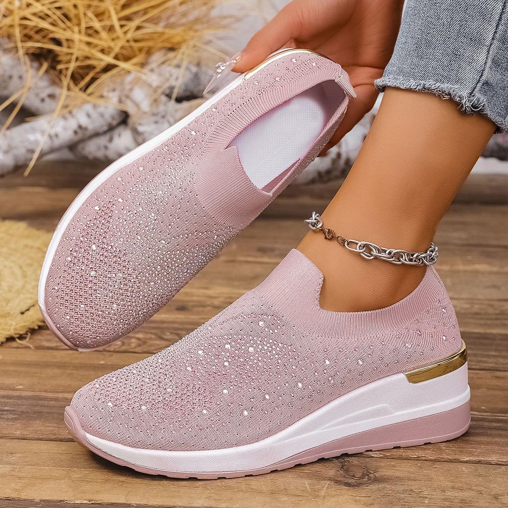 Women's Summer Sports Casual Shoes with Wedge Heels, Round Toe and Rhinestone Slip-on Shoes