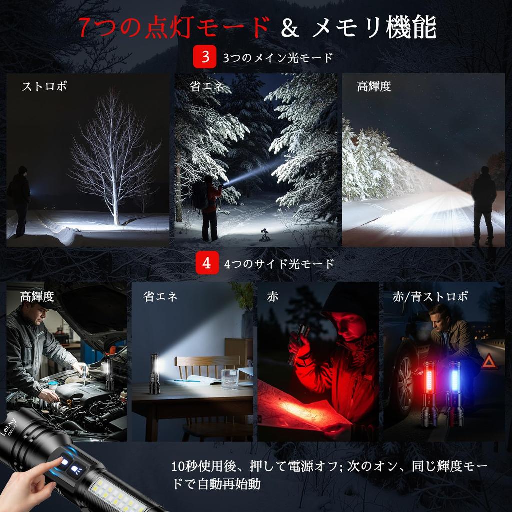 Letmy Powerful Handheld 2000mAh Large Military New LED Rechargeable COB Work IPX6 7 Dimming Battery Level Ideal for Power Disaster Night and Handheld