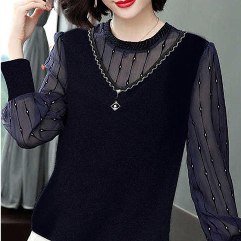 Ny høst-vårstil chiffonskjorte Elegant bluse med rund krage for kvinner Langermet topp genser