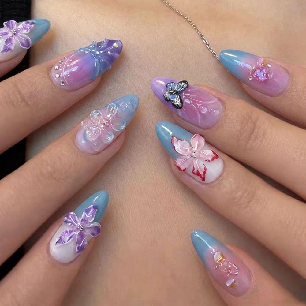 30-piece Set 3D Flower Press-on Nails Almond-shaped Pinkish Purple Artificial Nail Tips Gradient Pink Reusable Gel Fake Nails