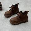 Johnature Handmade Genuine Leather Short Boots Retro Thick Soled Round Toe Lace Up Women's Shoes