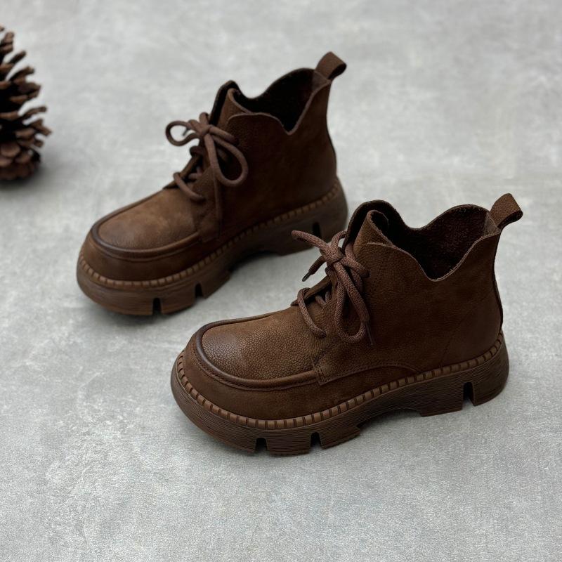 Johnature Handmade Genuine Leather Short Boots Retro Thick Soled Round Toe Lace Up Women's Shoes