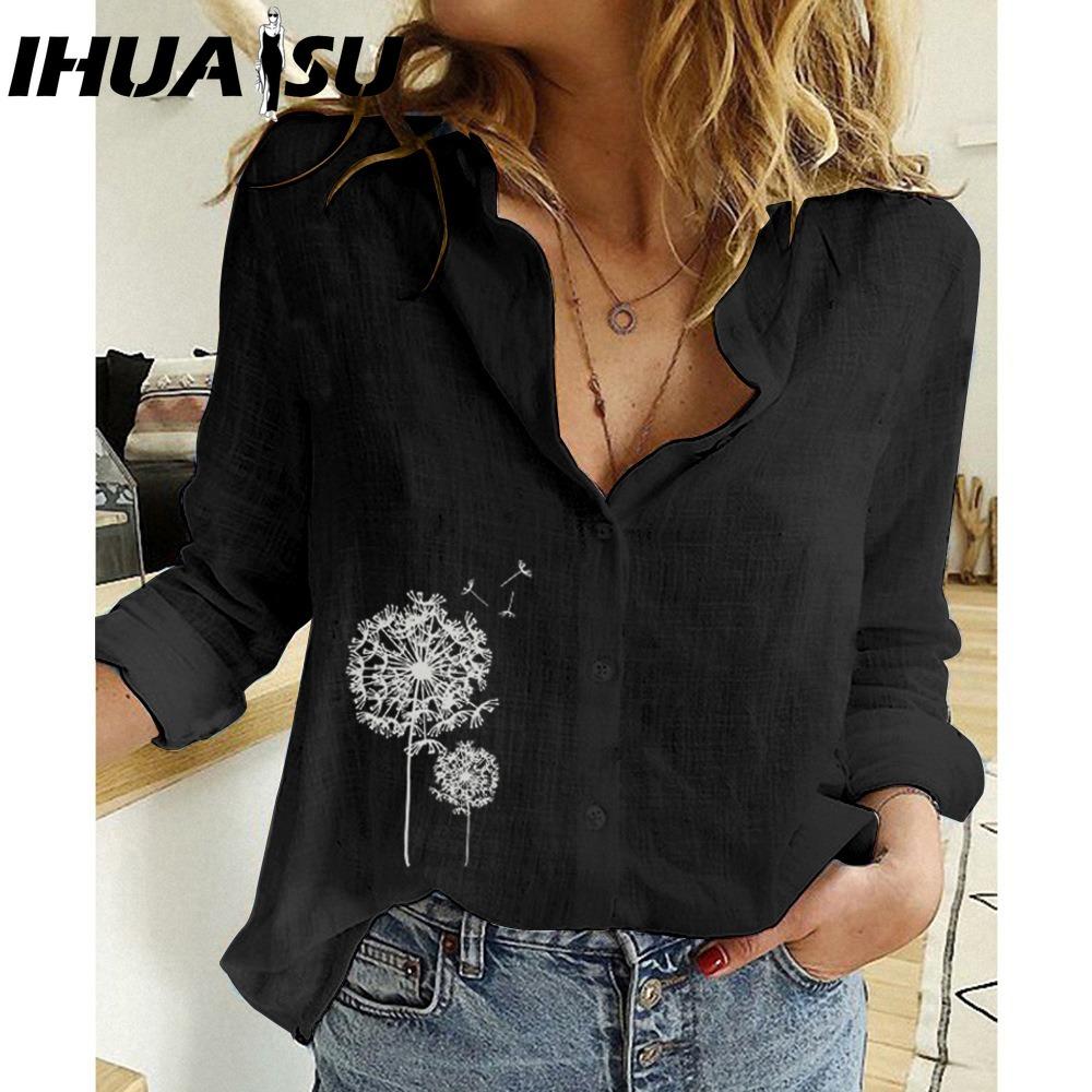 

IHUASU Women s Fashion Casual Dandelion Print Long Sleeve POLO Neck Blouses & Shirts S чёрный