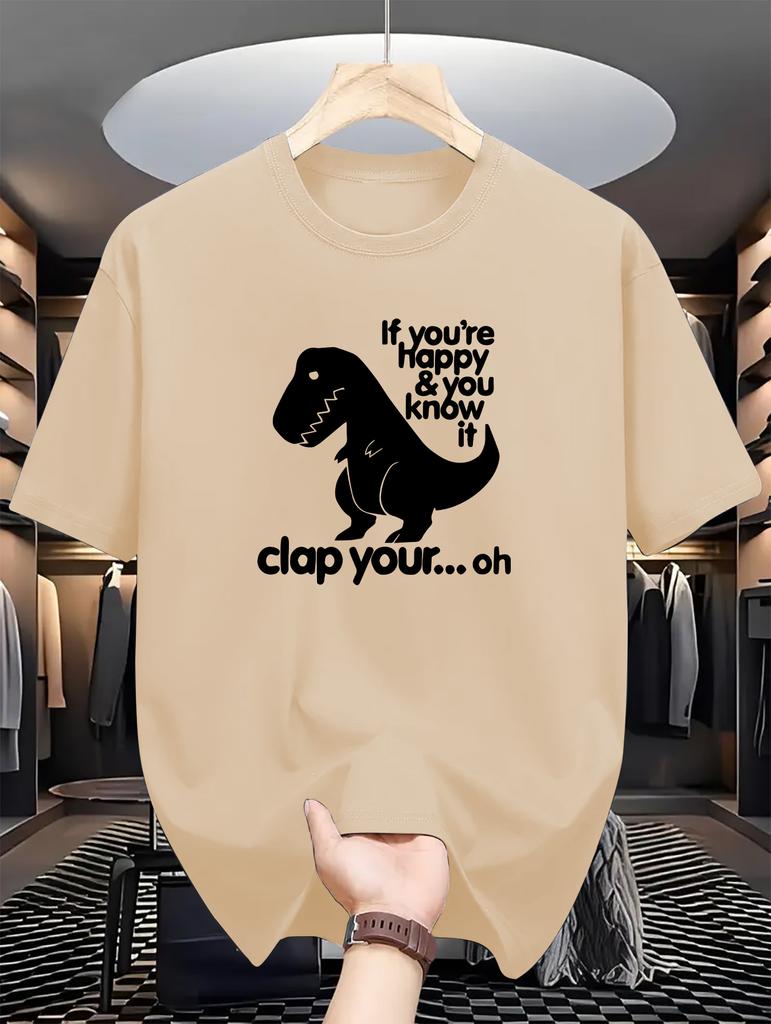 Men's Dinosaur Overlord Print T-Shirt - Casual Crew Neck, Regular Fit, Slight Stretch, Summer Short-Sleeve Tee - 180gsm