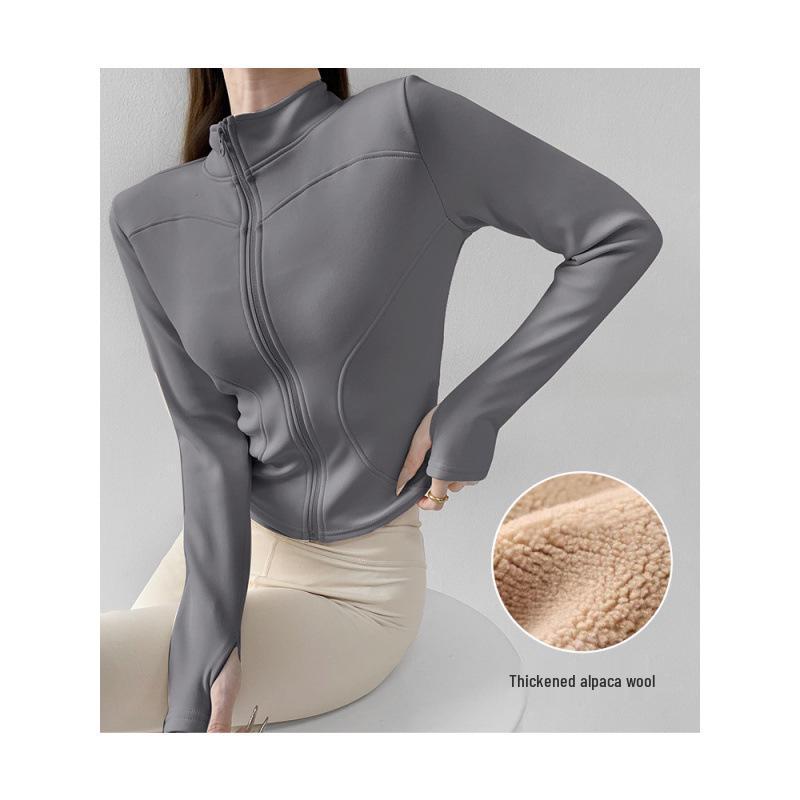 Women's Velvet Plus Long Sleeve Fitness Jacket - Slimming Stand Collar Yoga Top