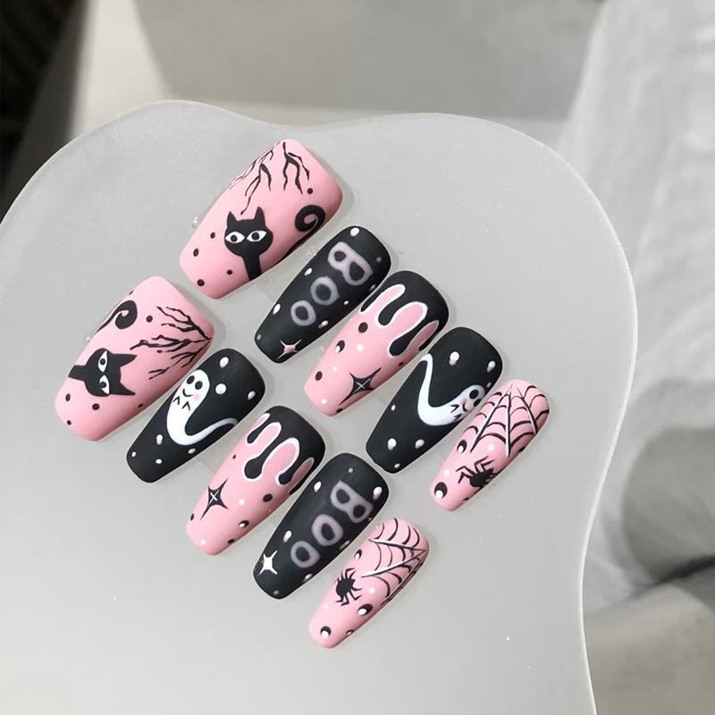 30-Piece Halloween Nail Art Set: Hand-Painted Blood Drop Tips, Black & Pink Little Devils, Cat Designs, Medium Length, Wearable Nails.