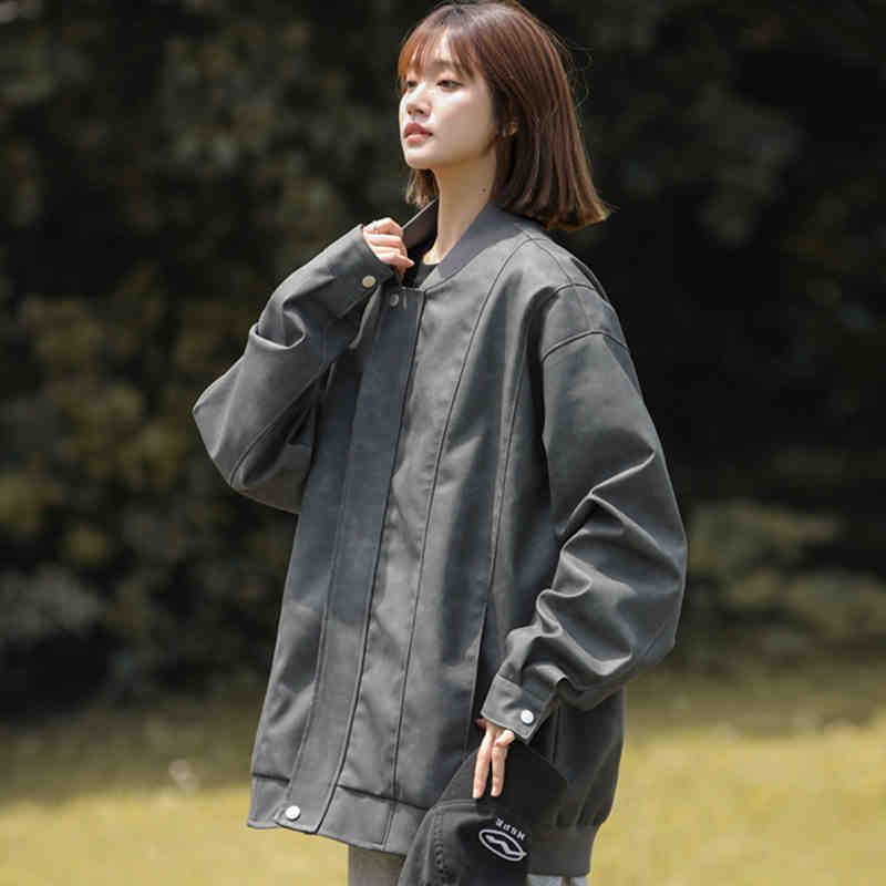 Japanese Washing PU Leather Jacket for Women's Coat for Spring and Autumn New American Versatile Baseball Uniform Leather Jacket