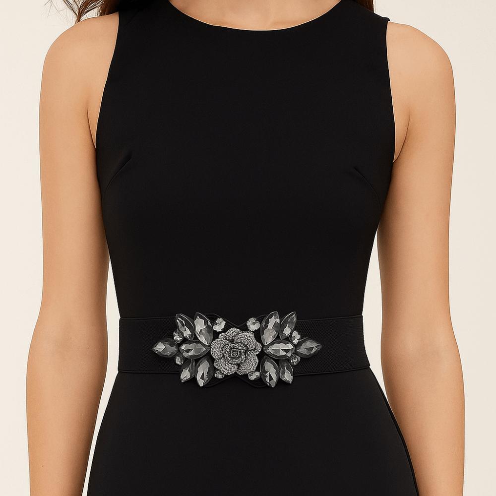 Rose Flower Women Waistband Wide Rhinestone Waist Belt Casual Elastic Cummerbunds Jacket