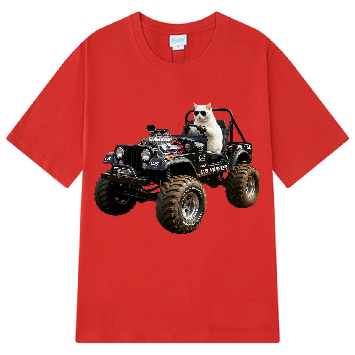 Monster Truck Funny Cat Driving Vintage Graphic T Shirt Unisex Women Hiphop Tshirt Summer Shortsleeved Cotton Oversized Tshirts L