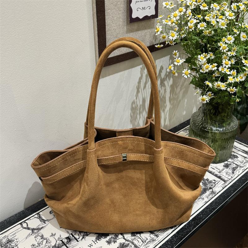 JIAERDI Retro Wildlederimitat Matt Große Tragetasche Damen Rüschen Große Kapazität Umhängetasche Damen Lässig Premium Pendler Handtasche 2025 Neu