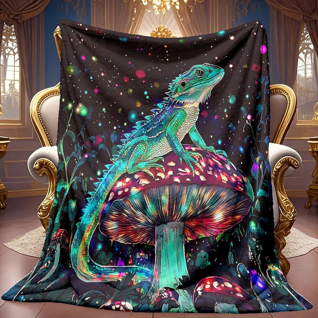 1pc 2D Neon Lizard Mushroom Starry Sky Theme Pattern Flannel Blanket, Soft HD Digital Print, Cooling Blanket Suitable for All Seasons! Soft And Breath