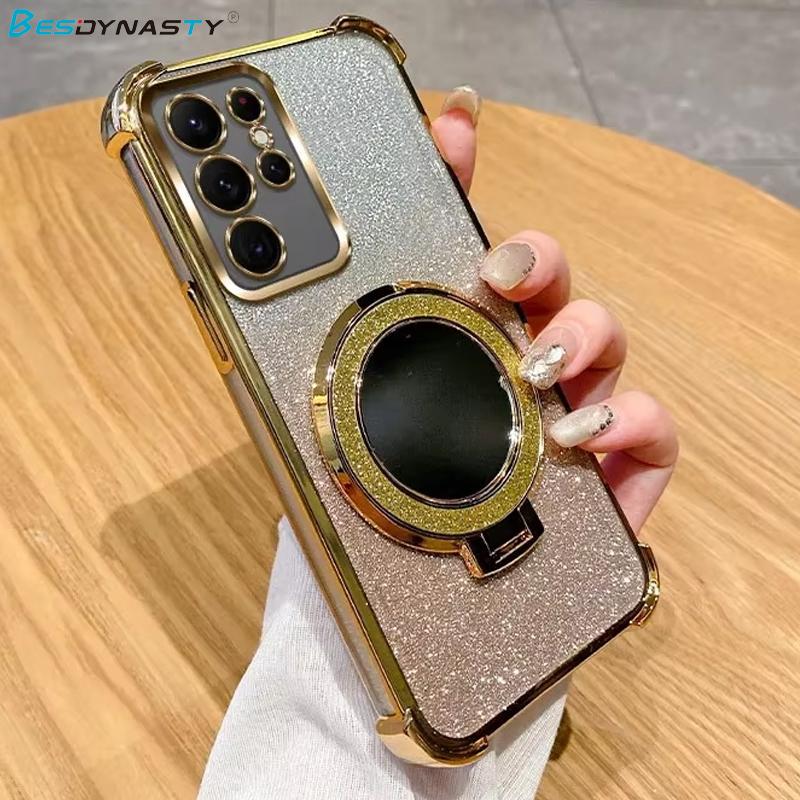 Husă Glitter cu Suport Oglindă Pentru Samsung Galaxy A17 A36 A16 A06 A26 A56 A55 A35 S25 Ultra S24 FE A25 Suport Magnetic Husă Transparentă