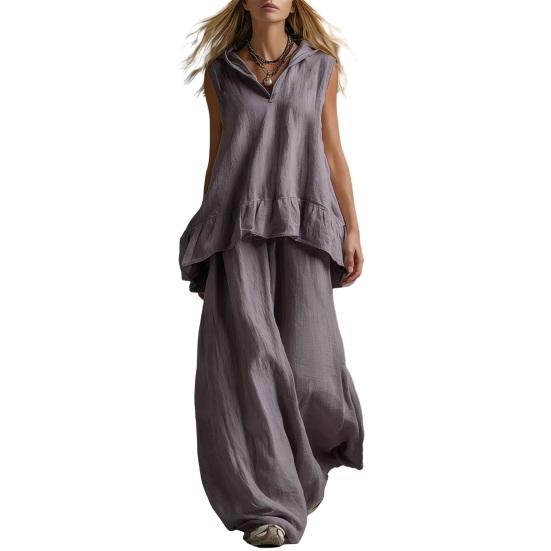 2 Piece Sets for Women Hooded Sleeveless Pullover Top And Long Pants Set Summer Casual Ruffle Lounge Outfits
