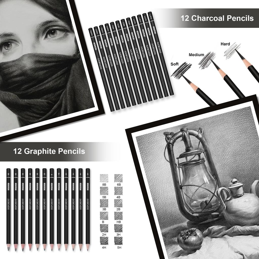 HIFORNY Drawing Sketch Art Coloring Black Colored Charcoal Blending and More Set, Kit, Supplies, 3-Color Sketchbook, Book, Rainbow, Watercolor,