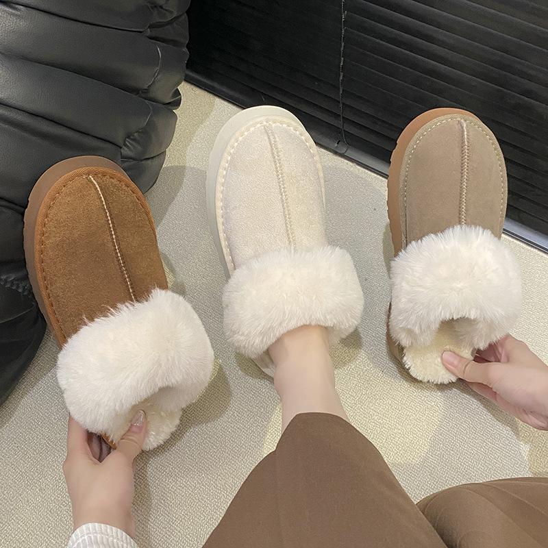Women's Baotou plush slippers padded warm winter thick bottom heightened home slippers casual walking indoor shoes snow cotton slippers
