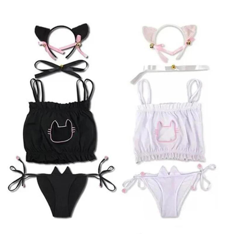 Anime Girl Cute Cat Paw Bell Underwear Temperament Sexy Lingerie Uniform Women Cosplay Cats Hollow Bra Pajamas Outfit Costumes