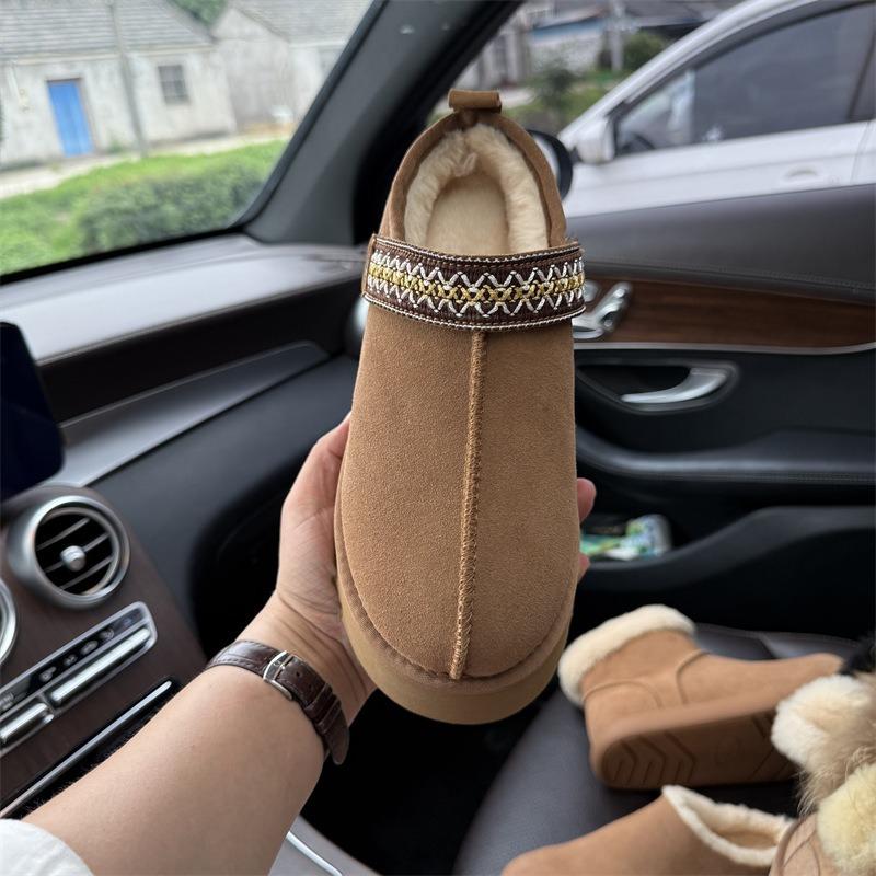 New woven bag head platform slippers women's genuine leather velvet thermal outdoor cotton boots with snow boots at the heel