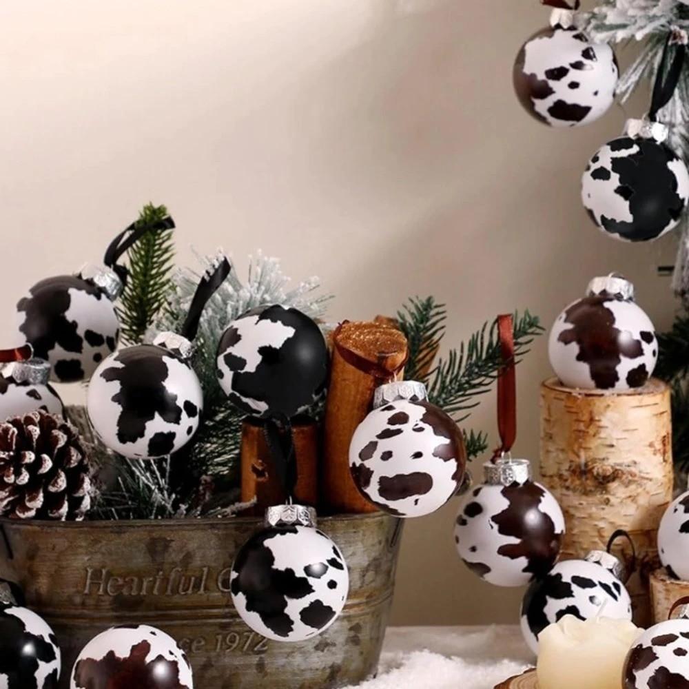 12/24Pcs Cow Print Ball Christmas Tree Ornaments 6CM Shatterproof Xmas Tree Hangings Pendant DIY Western Cowboy Christmas Ball