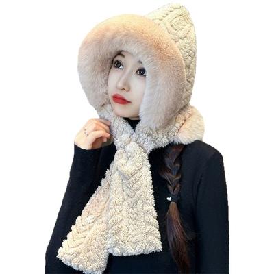Fashion Plush Winter Integrated Cap Scarf Warm Thickened Ear Protection Hat Windproof Soft Beanie Hat Scarf for Women