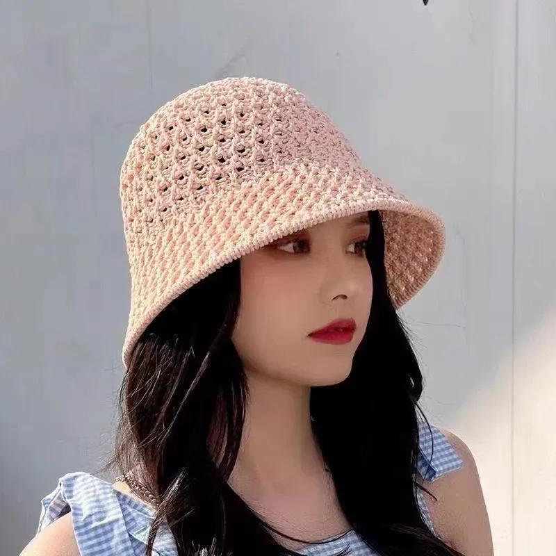 Spring Summer Breathable Hollow Fisherman Hat Sun Protect Wide Brim Sunscreen Cap for Women Beach Panama Straw Dome Weave Bucket