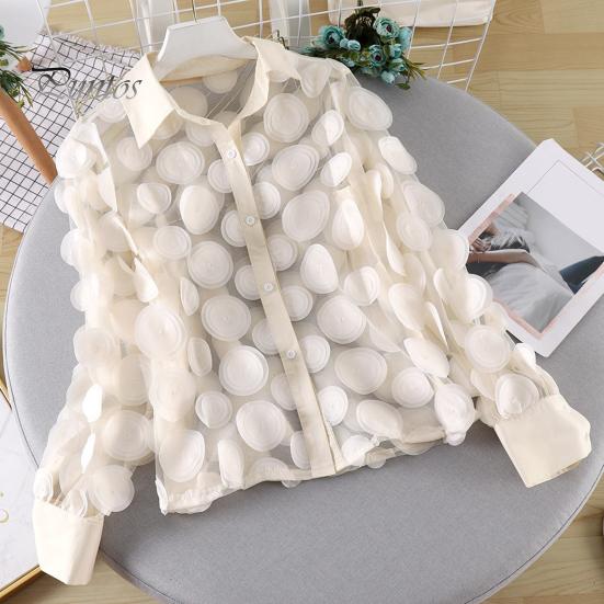 Women Summer Chiffon Shirt Lapel Lantern Long Sleeve Shirt Tops 3D Floral Print Semi-Sheer Mesh Splicing Single Breasted Blouse
