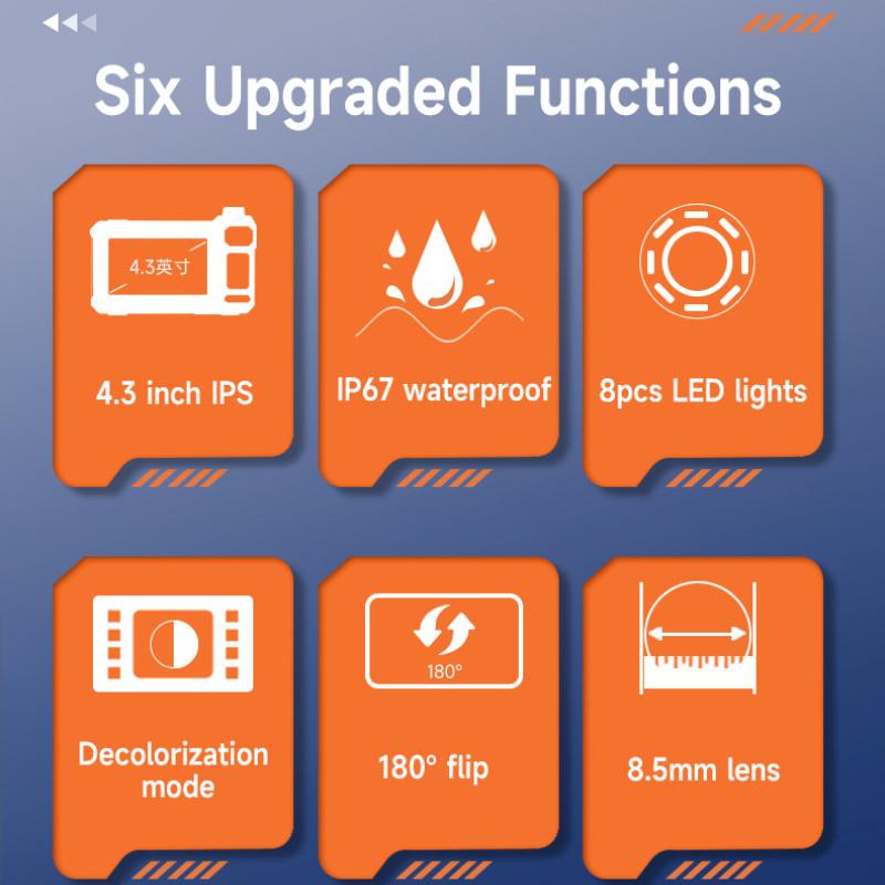 4.3inch IPS Screen Industrial Endoscope Camera 8mm HD1080P 8 LED Light Pipe Car Repair Single Lens Inspection Borescope