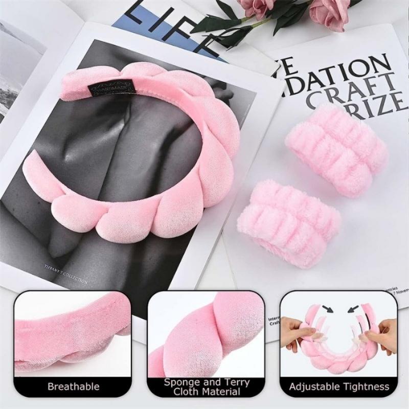 Fluffy Face Washing Headband, Women's Skin Care Face Washing Headband, Terry Cloth Headband and Wristband (Pink)