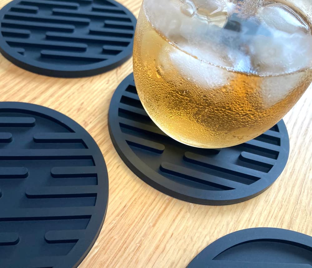 iiNOWL Stylish Silicone Coasters, Round, Heat-Resistant, Flexible, Approx. 10cm Diameter, Black (16 Solid Black Coasters)